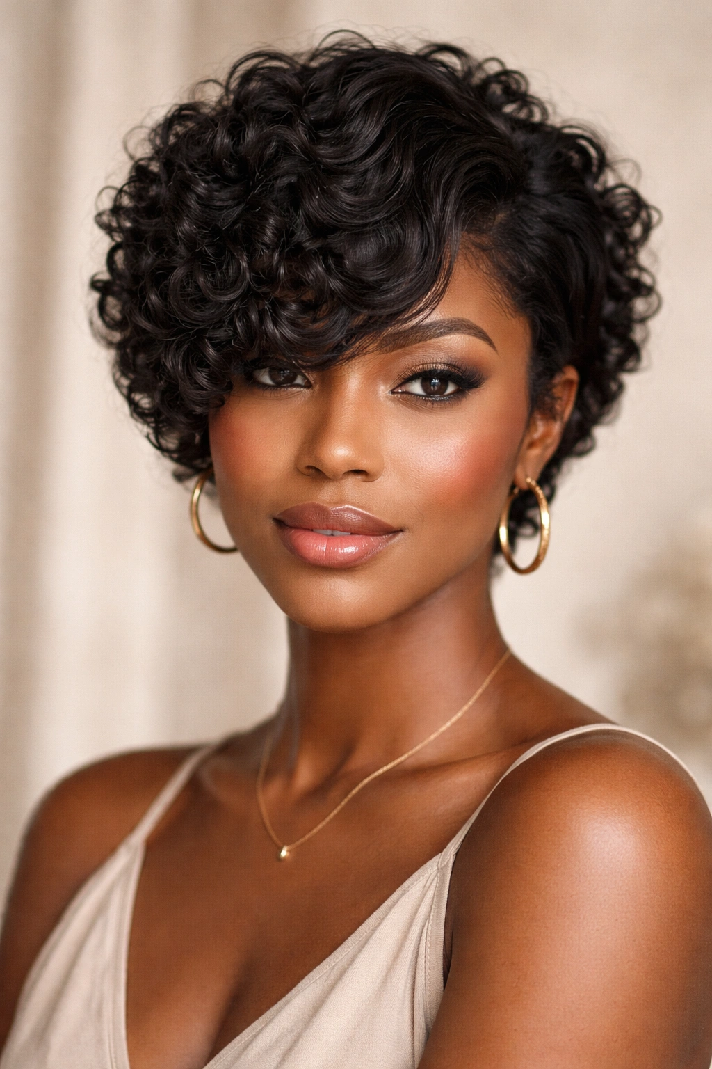 Close shot of The Deep Side-Swept Curly Crop with a longer side swept across the forehead