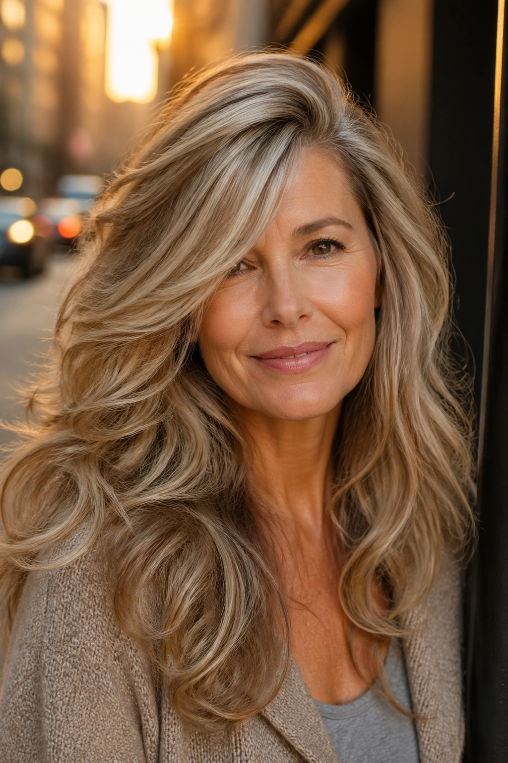 Close-up of a woman with deep side-swept layered waves