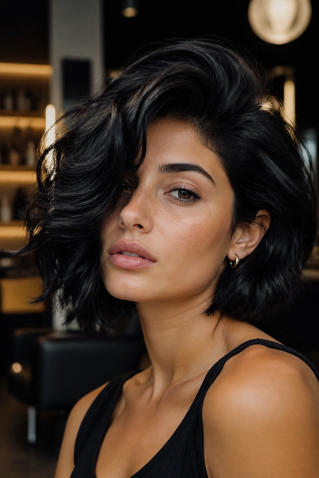 Close-up of a real woman with deep side-swept volume in black wavy hair