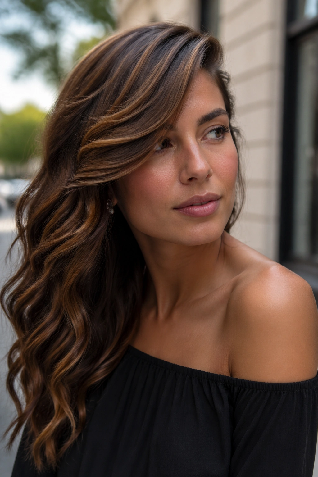 Close-up of a real woman with deep side-swept waves