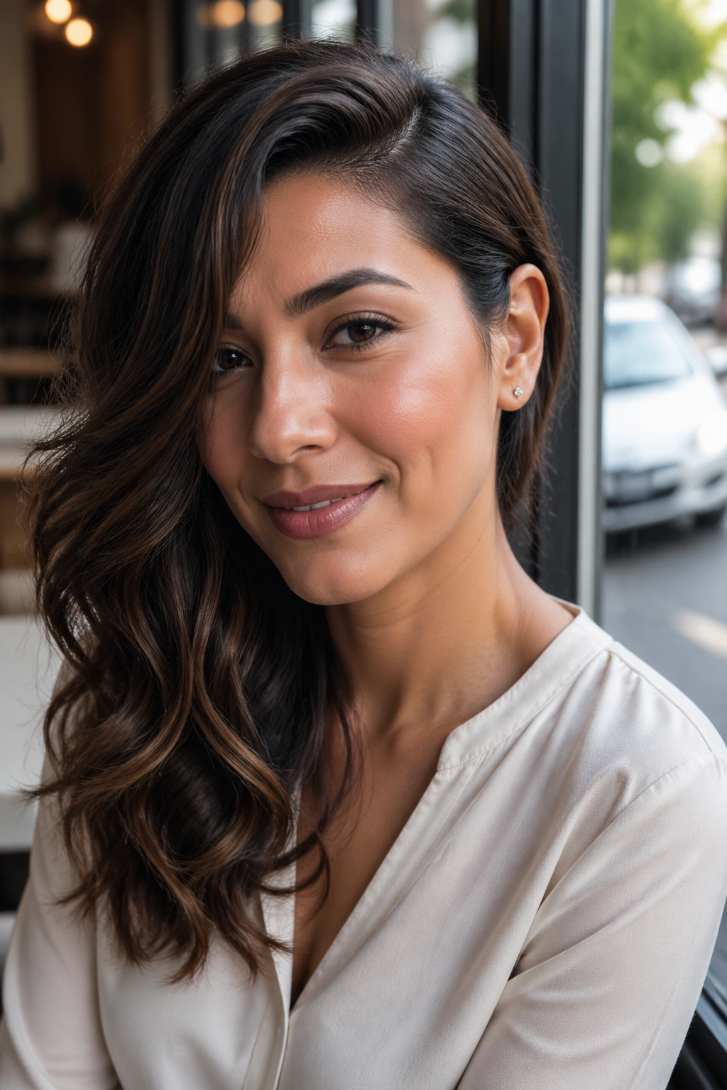 Close-up of a real woman with deep side-swept waves showing one ear in a cafe setting