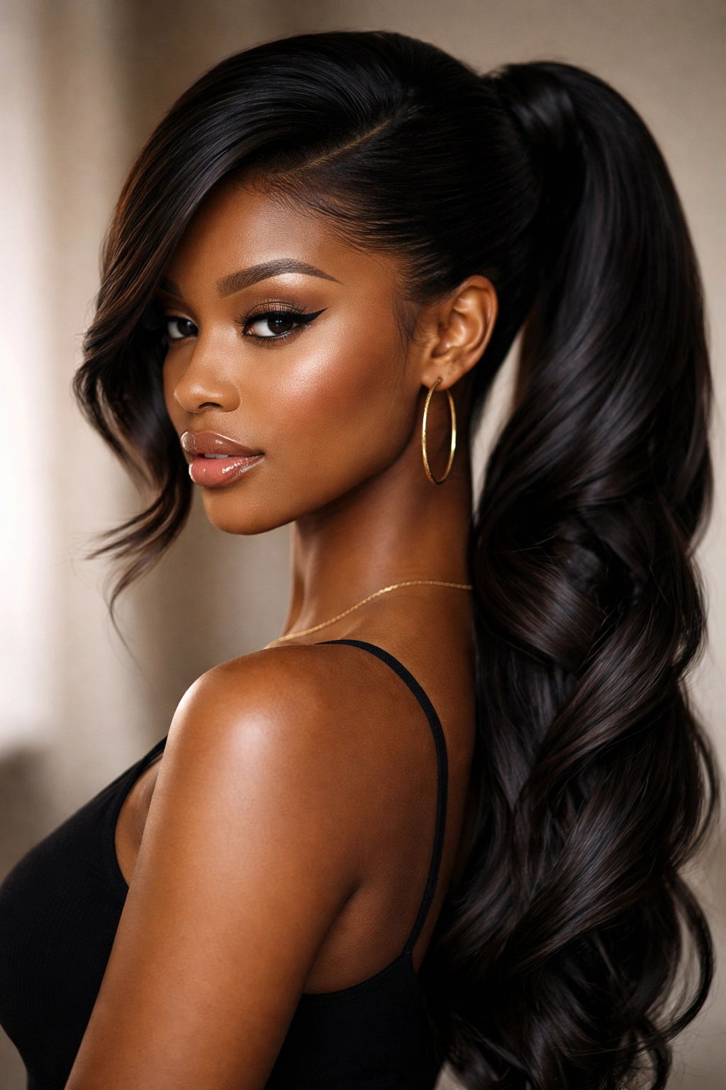 Close-up of deep side-swoop double weave ponytail with diagonal front piece
