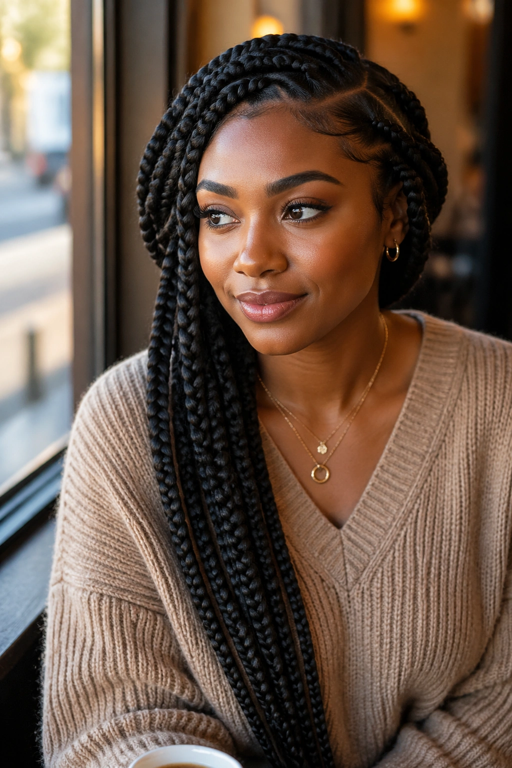 Close-up portrait of a real woman with a deep side-swept twin braids hairstyle