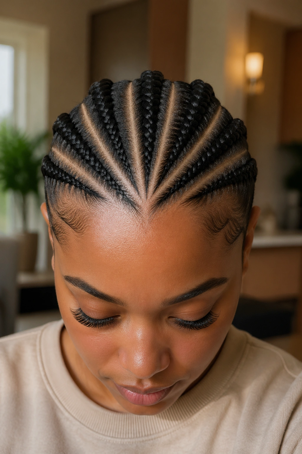 Close-up portrait of a real person with deep V-shaped part in eight cornrows