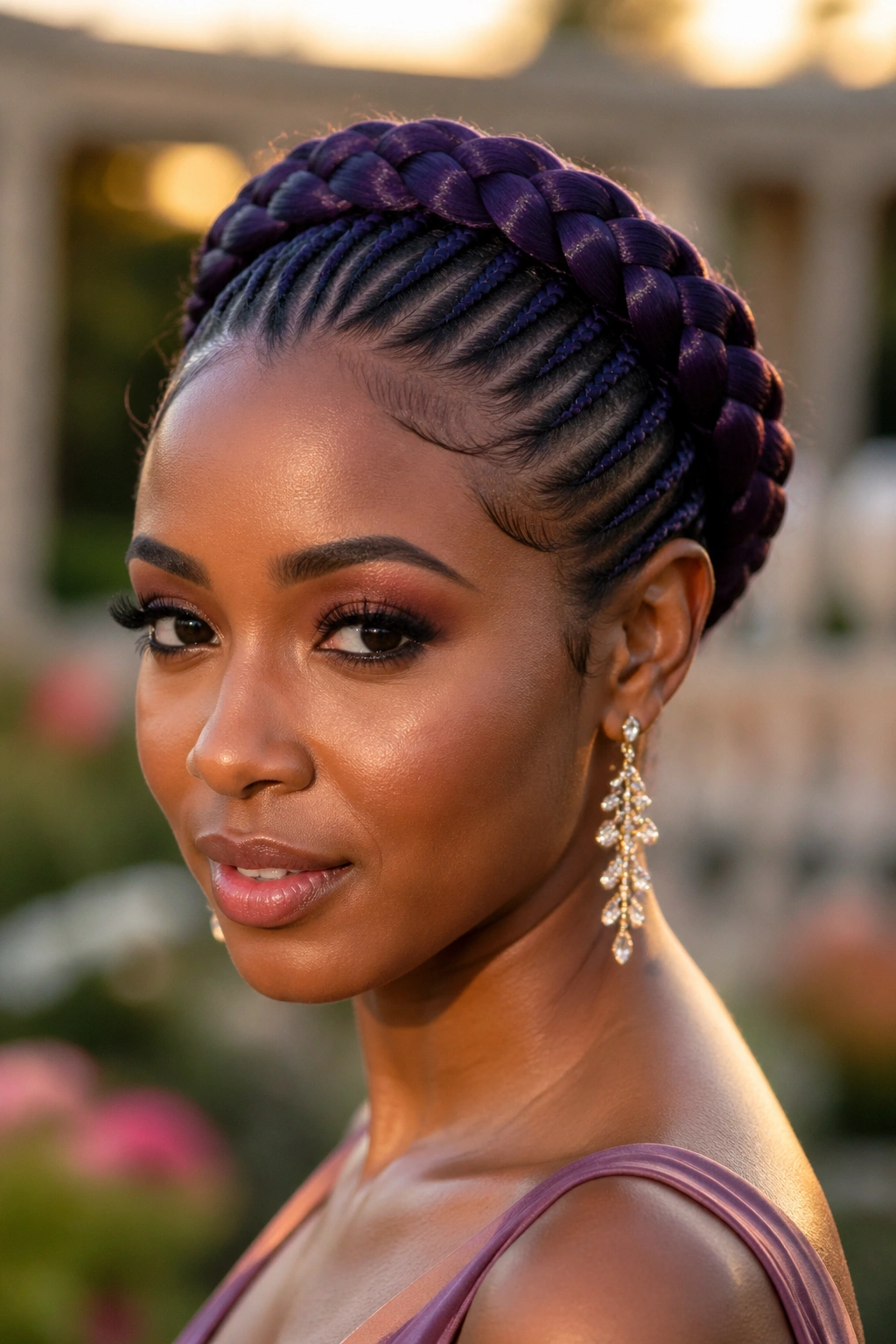 Close-up of a real person with a deep violet crown braid