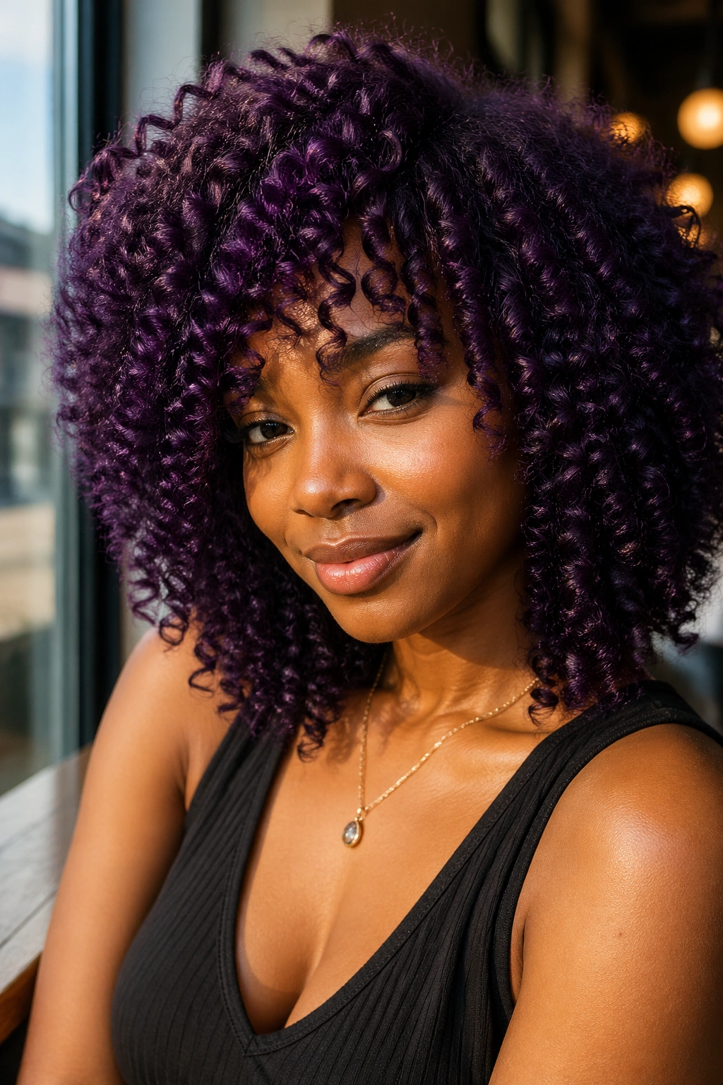 Close-up of a real person with deep violet curls in natural light
