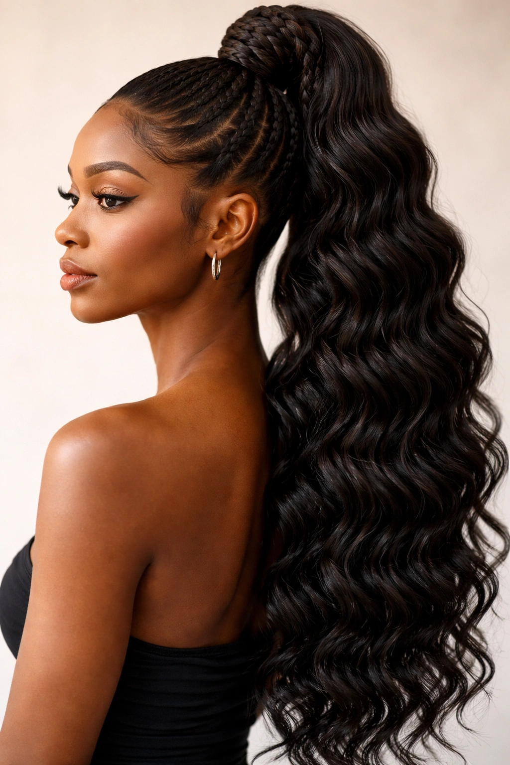 Close-up of a high pony with deep wave texture, glossy and voluminous