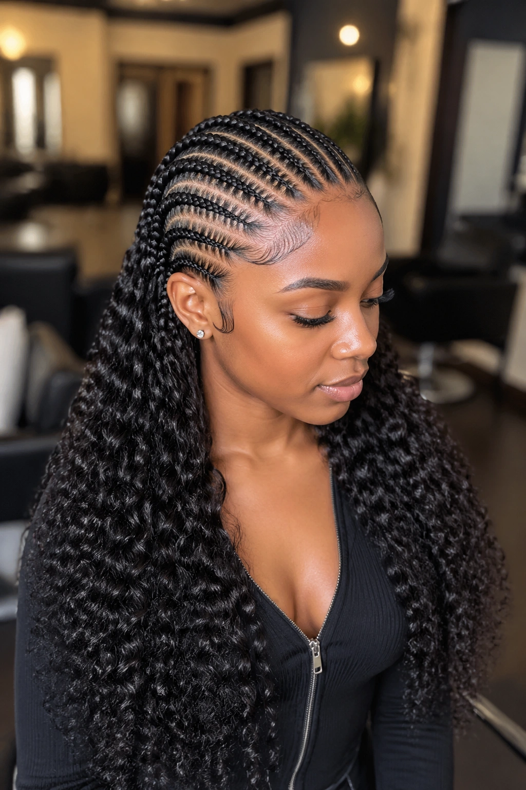 Real person portrait showing cornrows with deep wave bundle ends