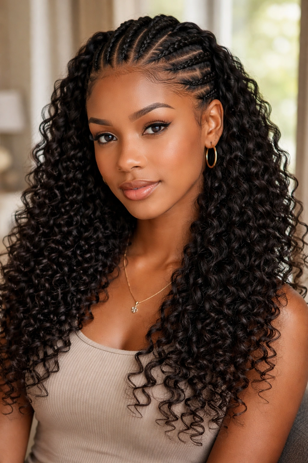 Close-up of a real woman with defined deep wave curls woven onto cornrows.