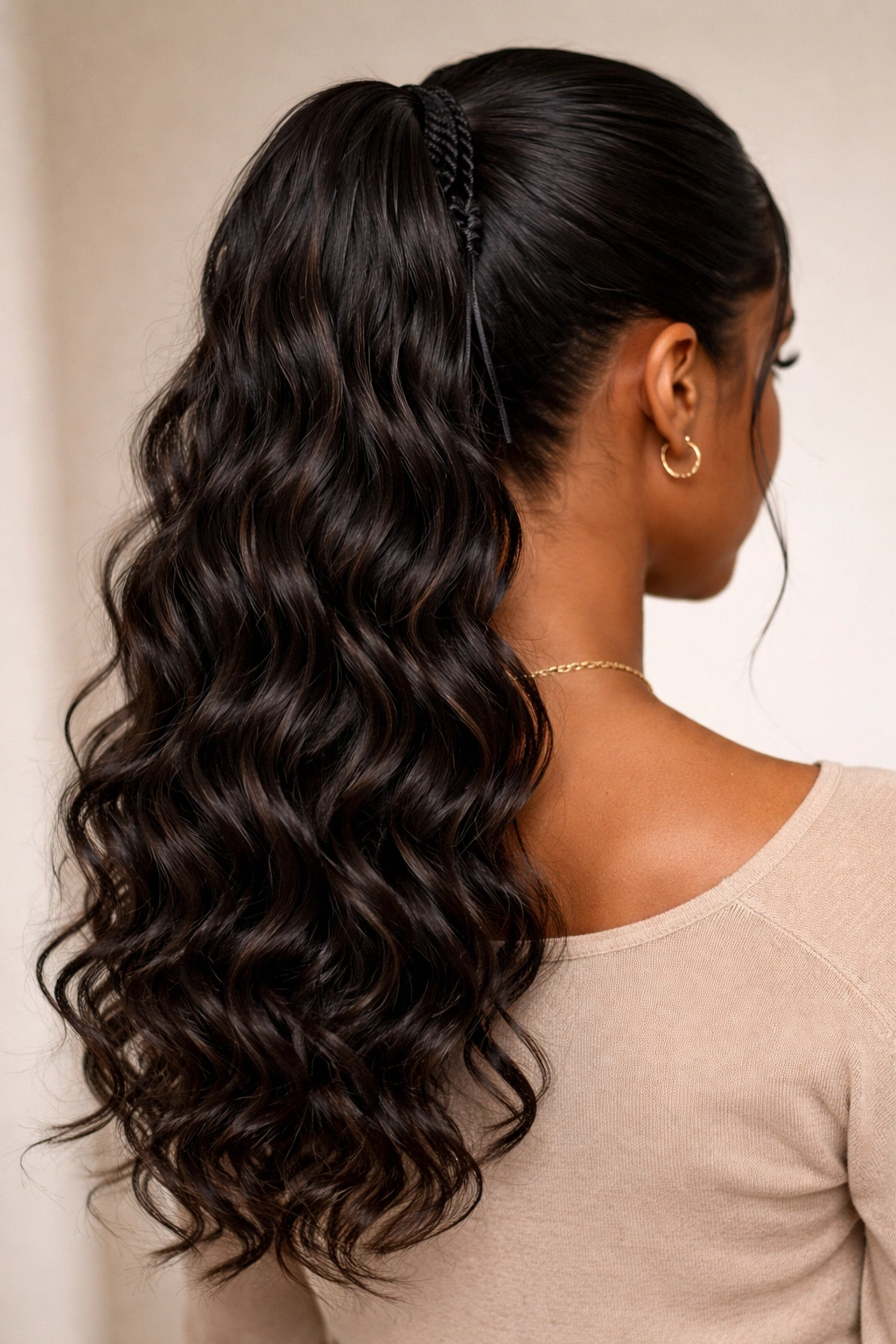 Close up of deep wave drawstring ponytail showing loose waves and drawstring base