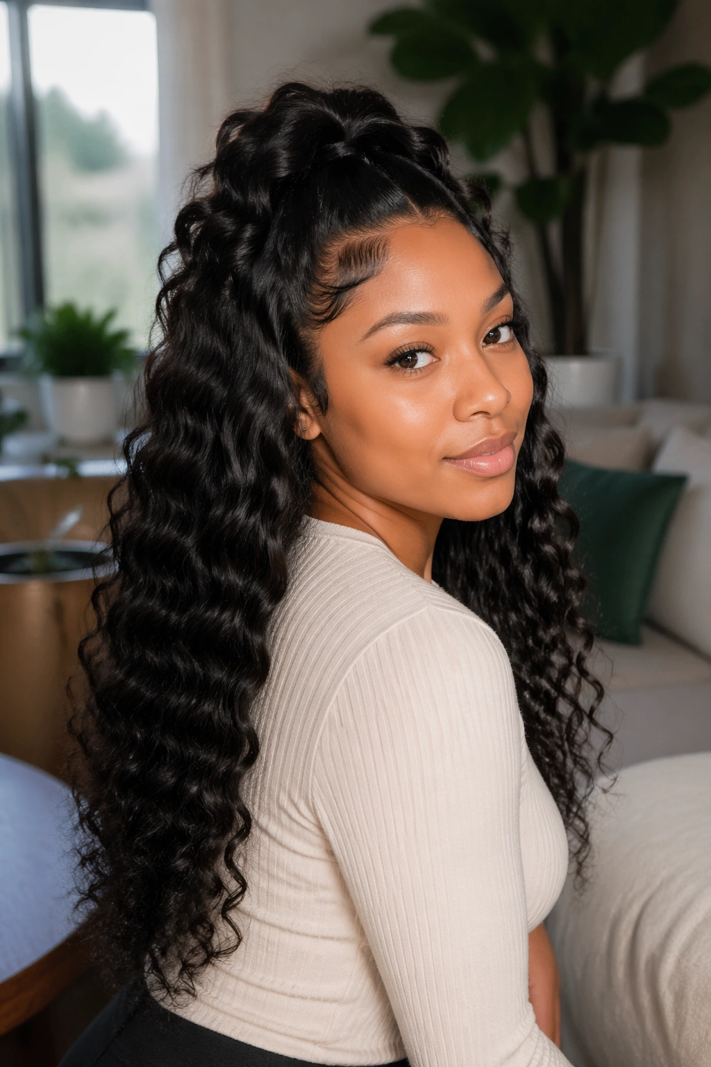 Three-quarter portrait of a woman with deep wave hair and soft crown volume