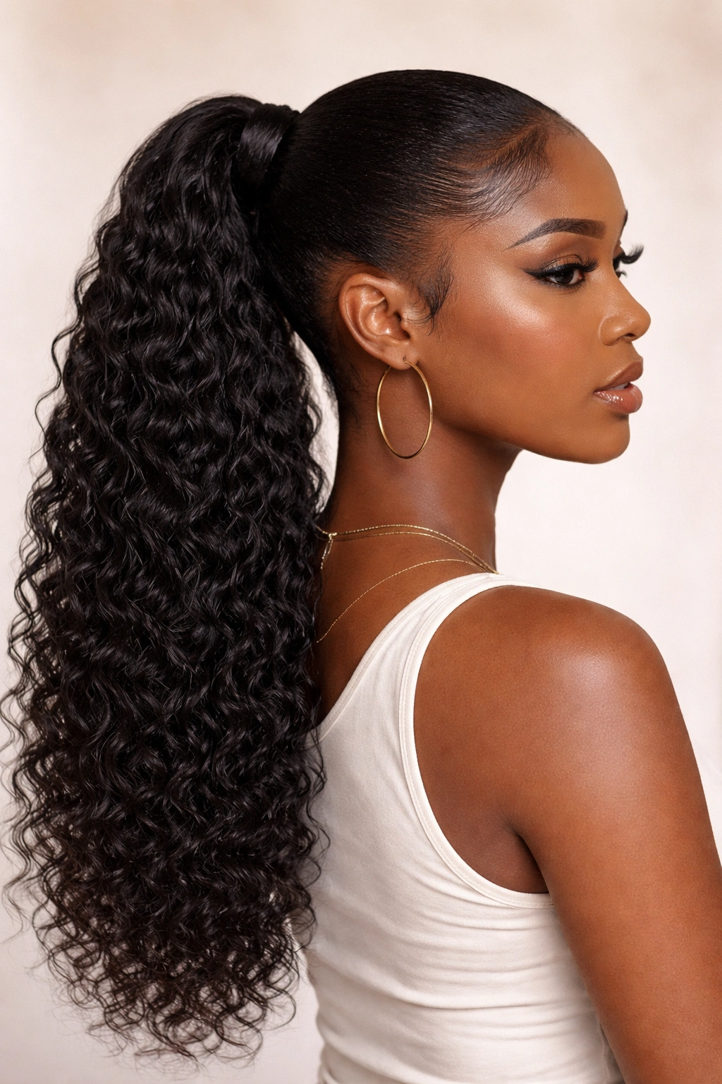 Sleek ponytail with deep-wave extension blending with natural hair