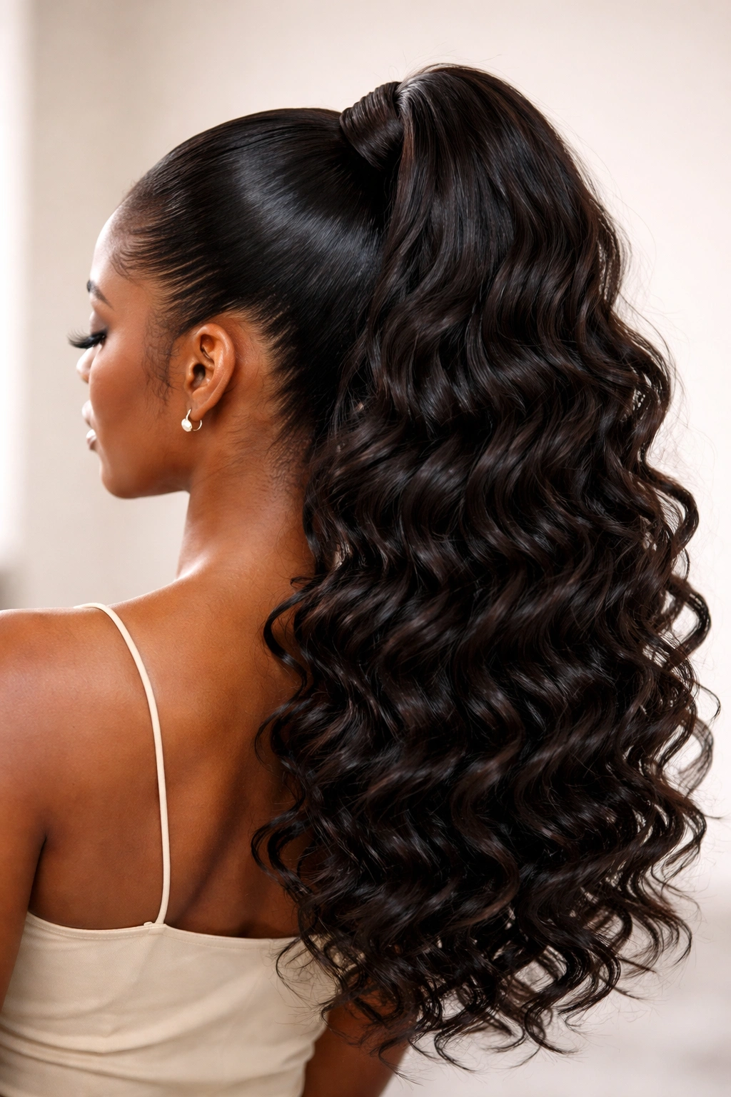 Close-up rear view of a sleek high ponytail with deep wave bundles creating dense volume