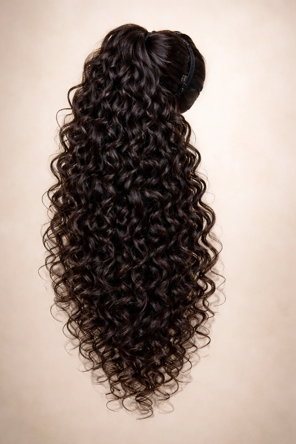 High-volume deep wave ponytail with defined S-pattern curls in studio light