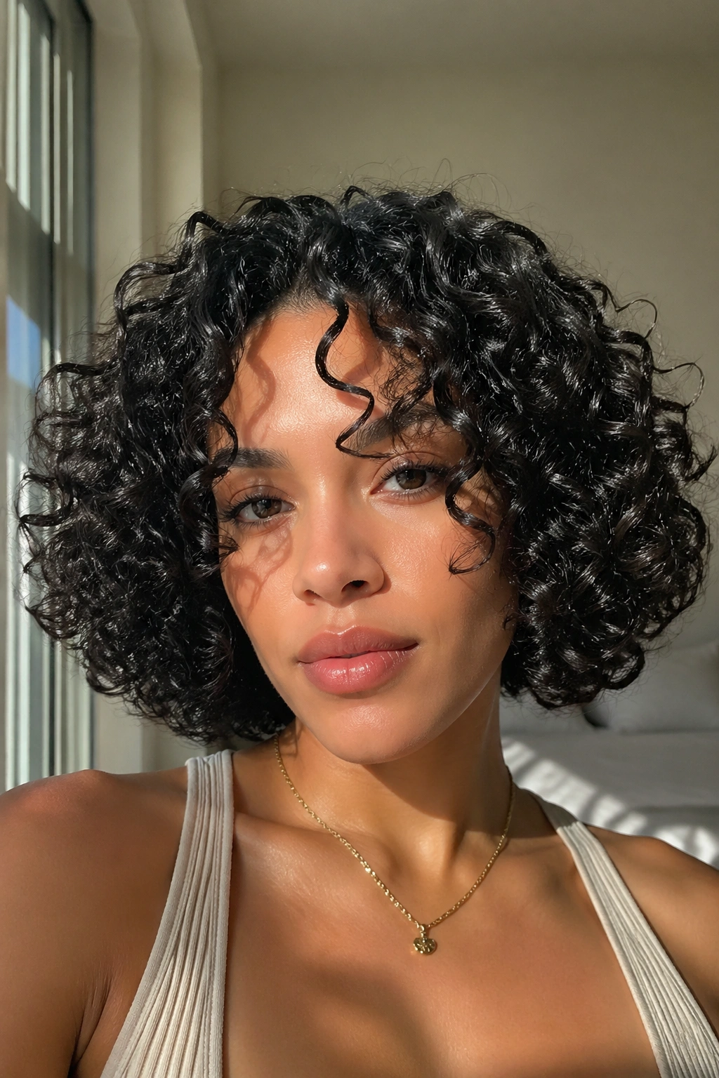 Close-up of a real woman with a defined juicy curl bob
