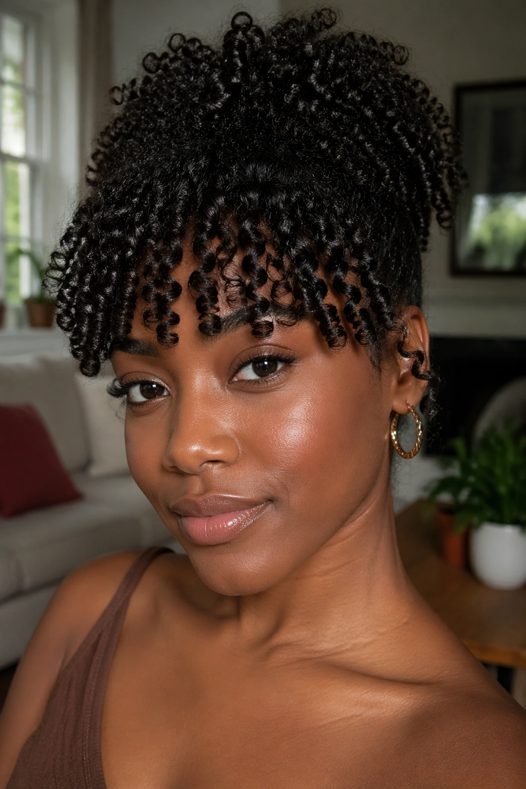 Close-up of a real woman with defined coil bangs on Type 4 hair