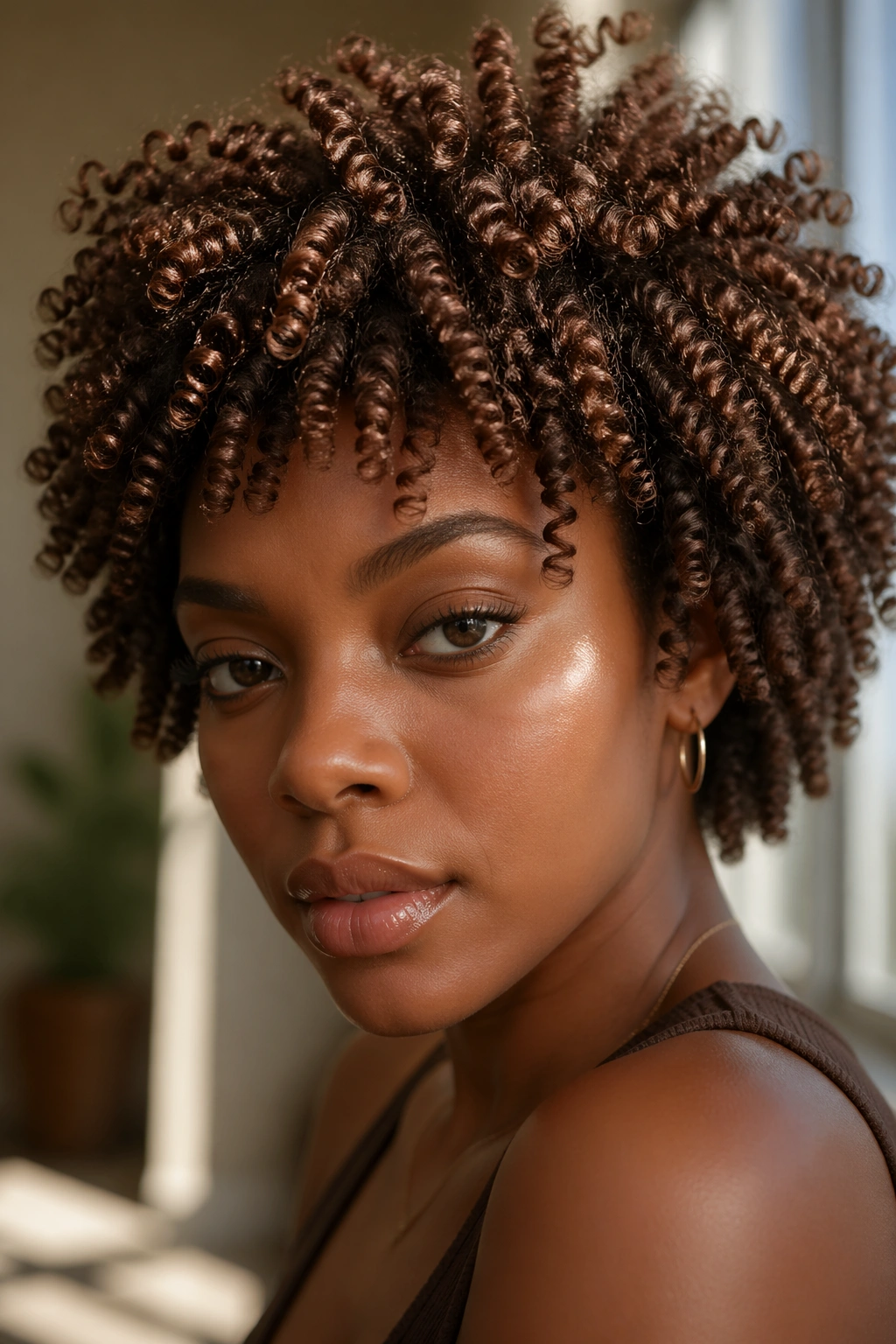 Close-up of a real woman with defined chocolate-brown finger coils filling the frame