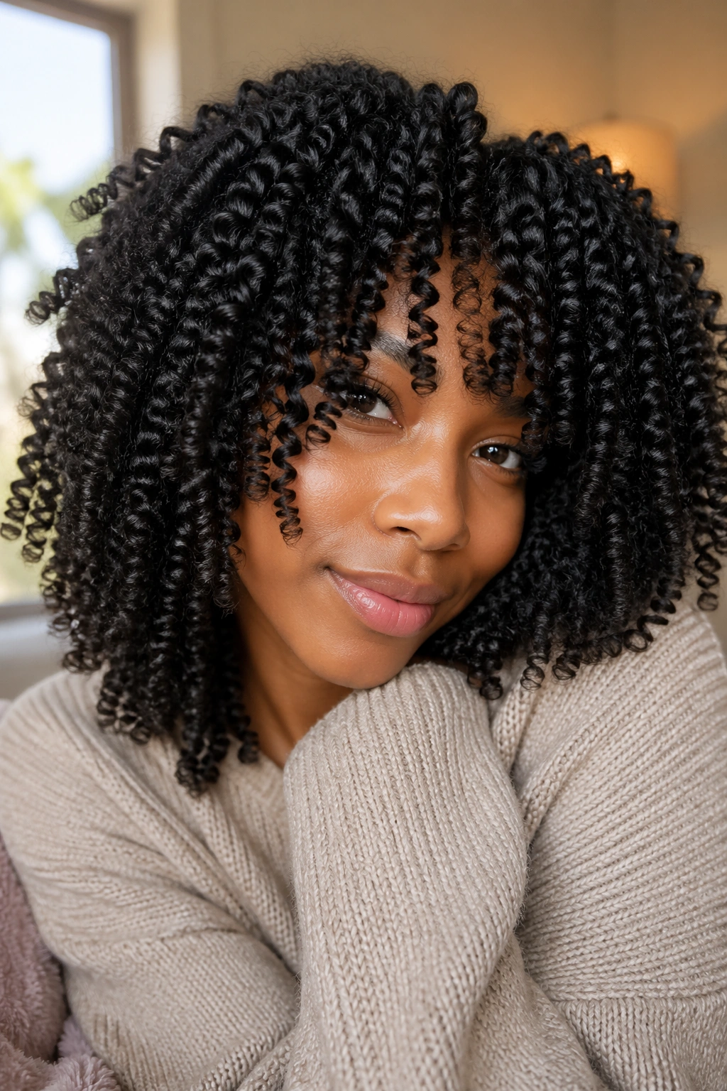 Close-up of a real woman's defined coil-out curls.