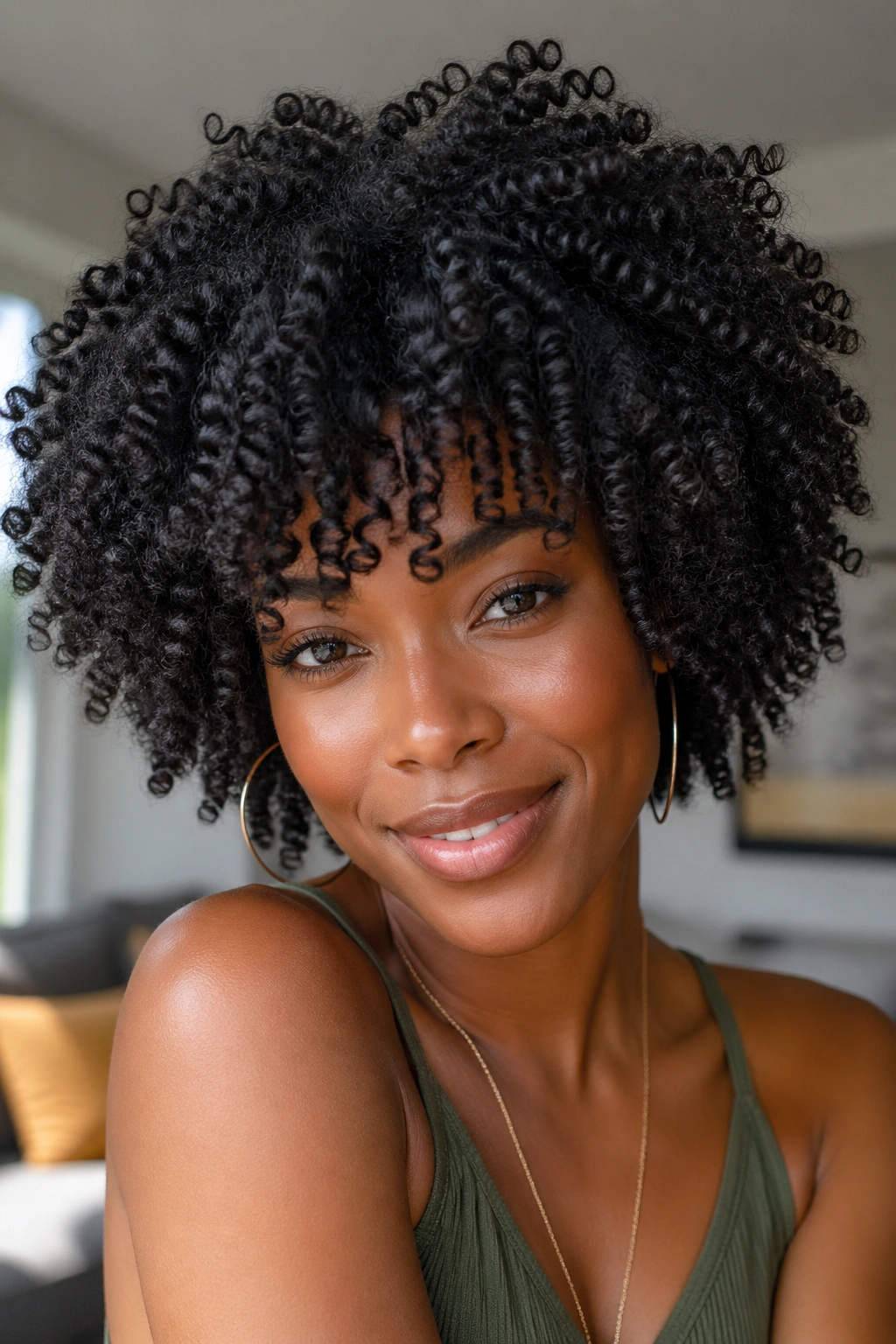 Close-up of defined coil-out coils on a real woman's head in a softly lit room