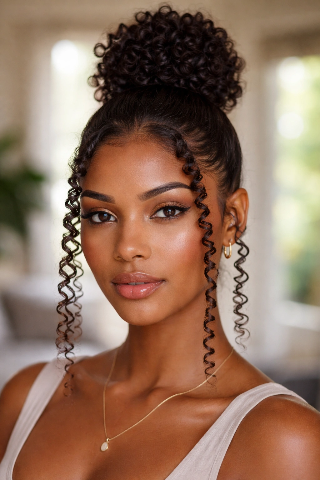 Close-up of defined coil pieces in a bun on a real woman