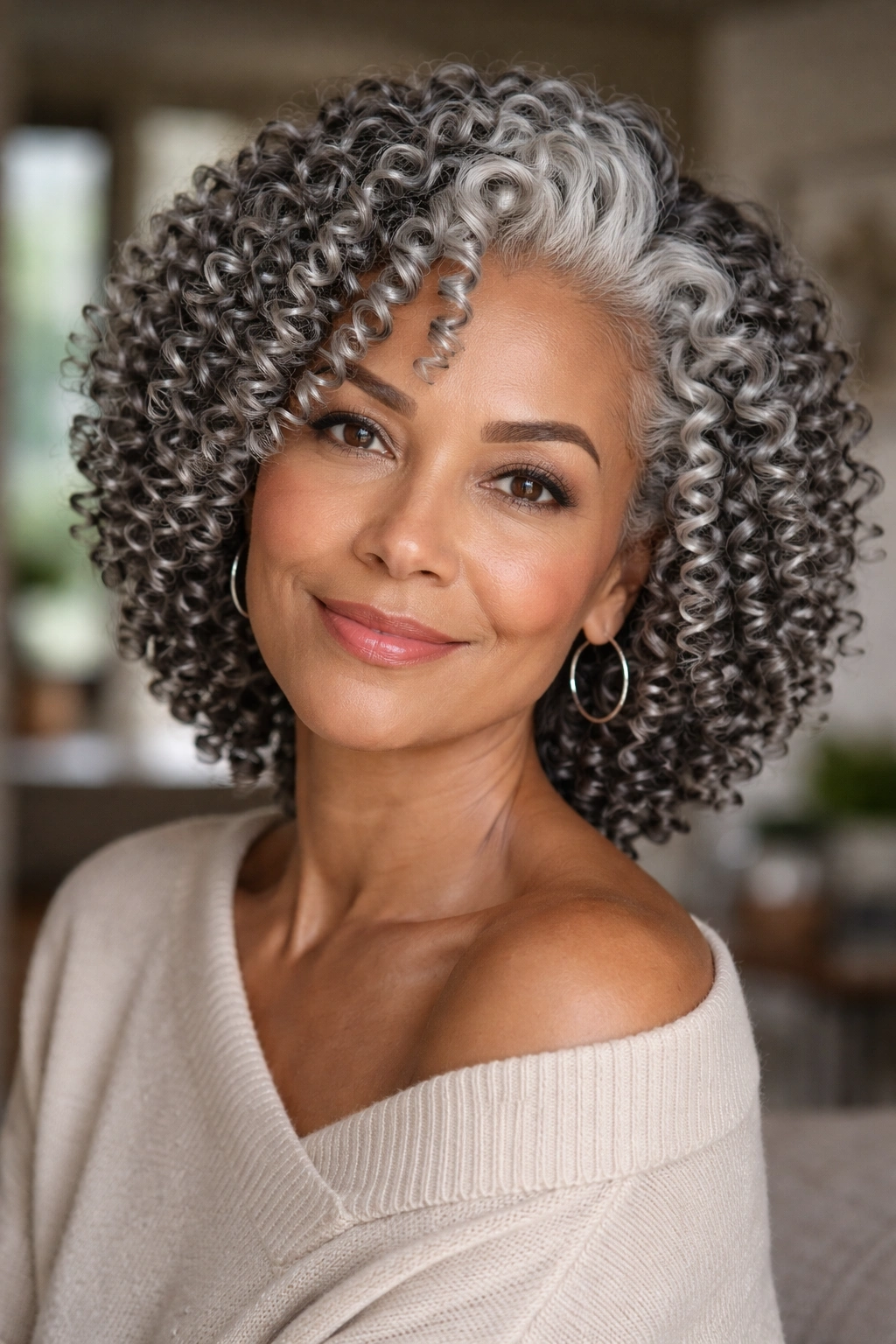 Close-up of a real woman showing defined coils in grey hair.