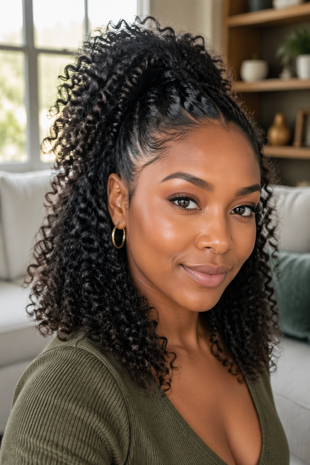 Woman with defined coils in a half ponytail and a fluffed crown, indoor light