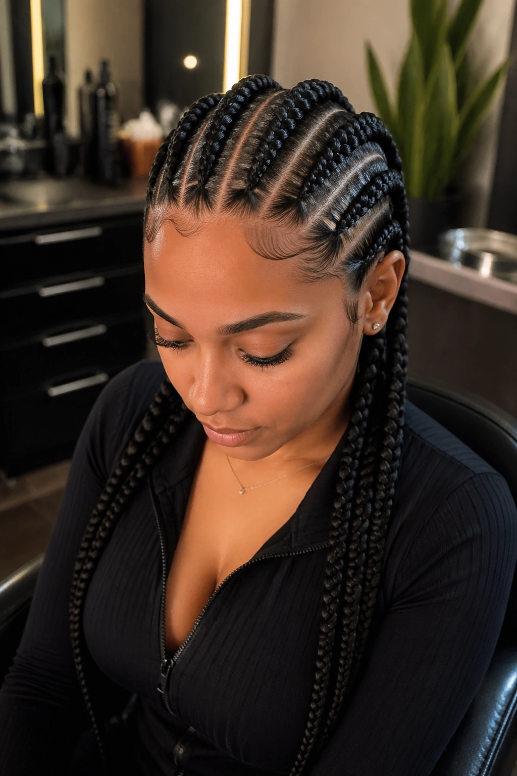 Close-up of a real person with eight defined cornrows and clear braid separation.