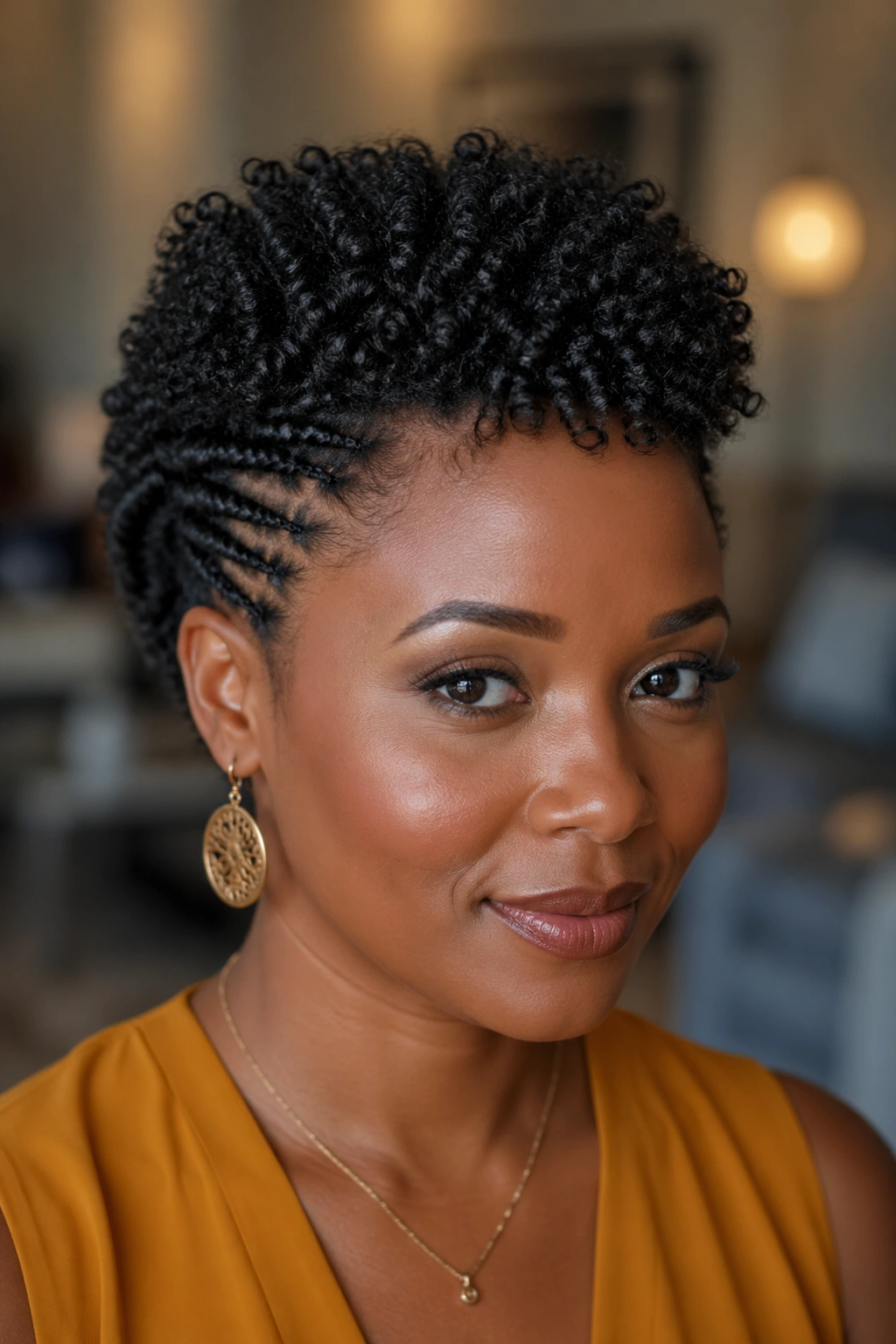 Top crown coil style on a real person in warm interior light