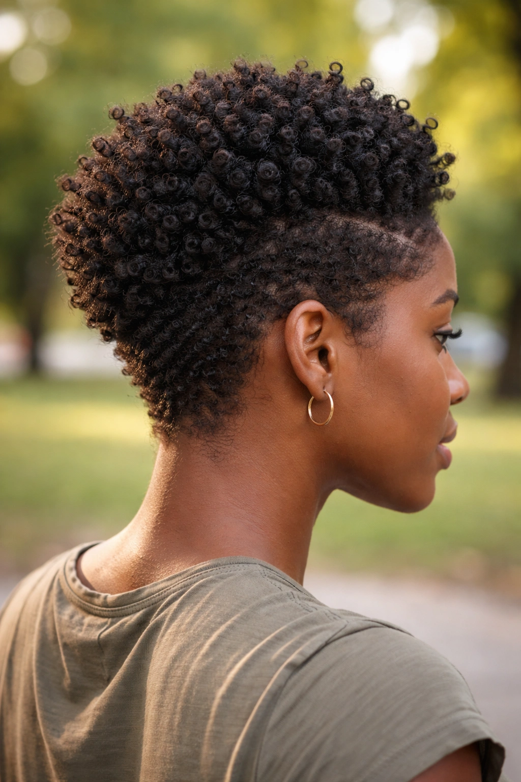 Real person with a defined sponge crown and contrasting lower curls in soft natural light
