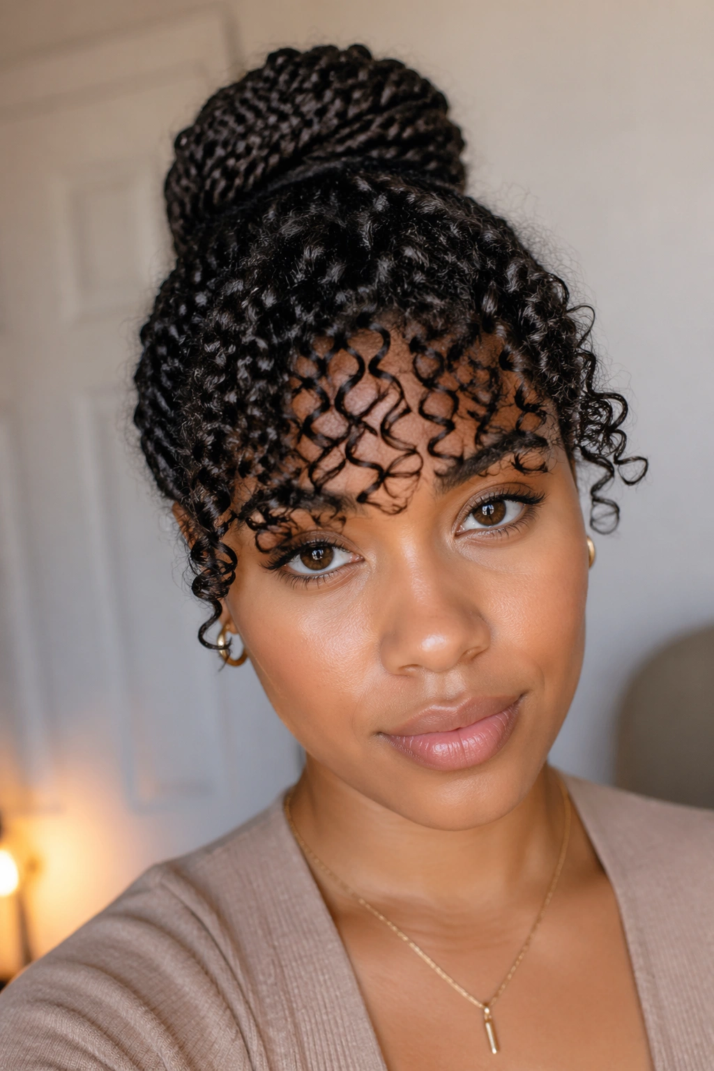 Close-up of defined curl bang over a protective style on a real person