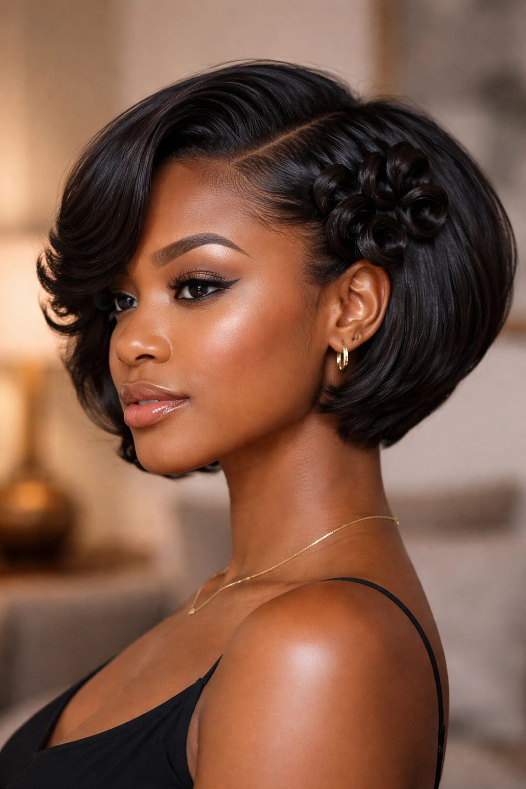 Real woman with defined curl clusters on a short silk press