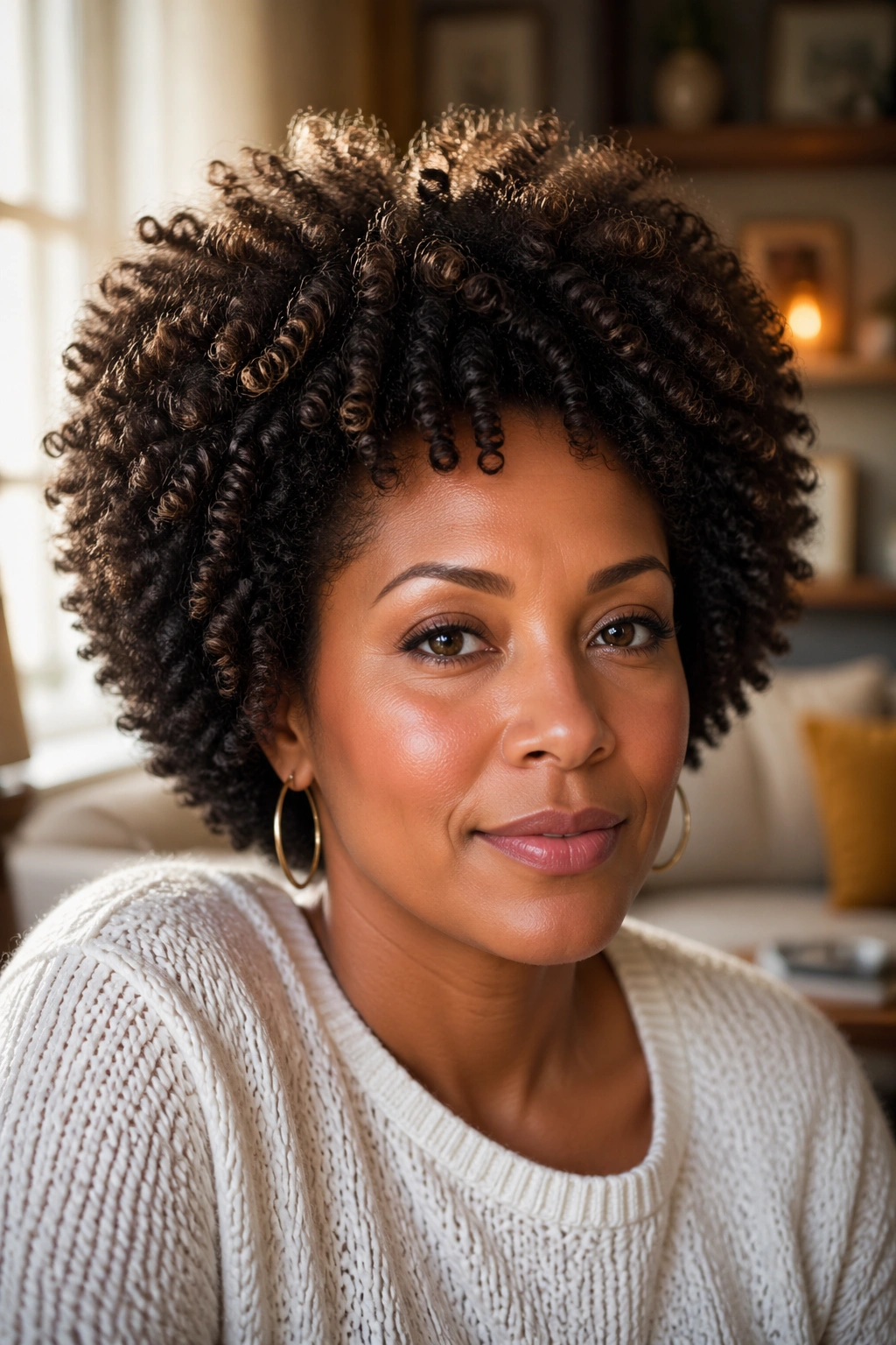 Close-up portrait of a woman with a defined curl-out afro silhouette under natural window light