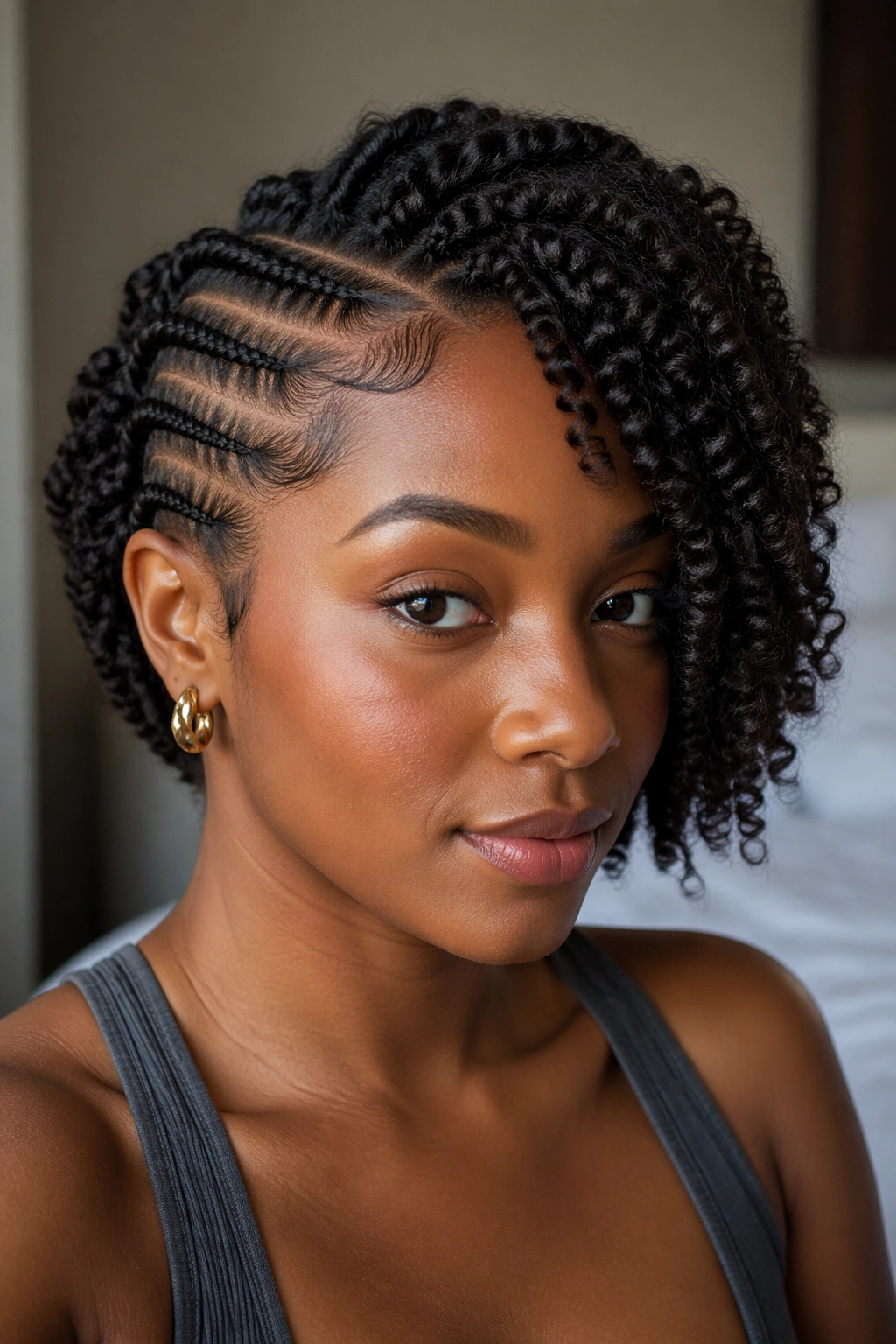 Close-up of a real woman with defined curl pattern on the curl side
