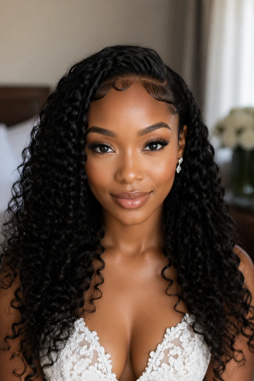 Close-up of a real bride with defined baby hairs along the hairline