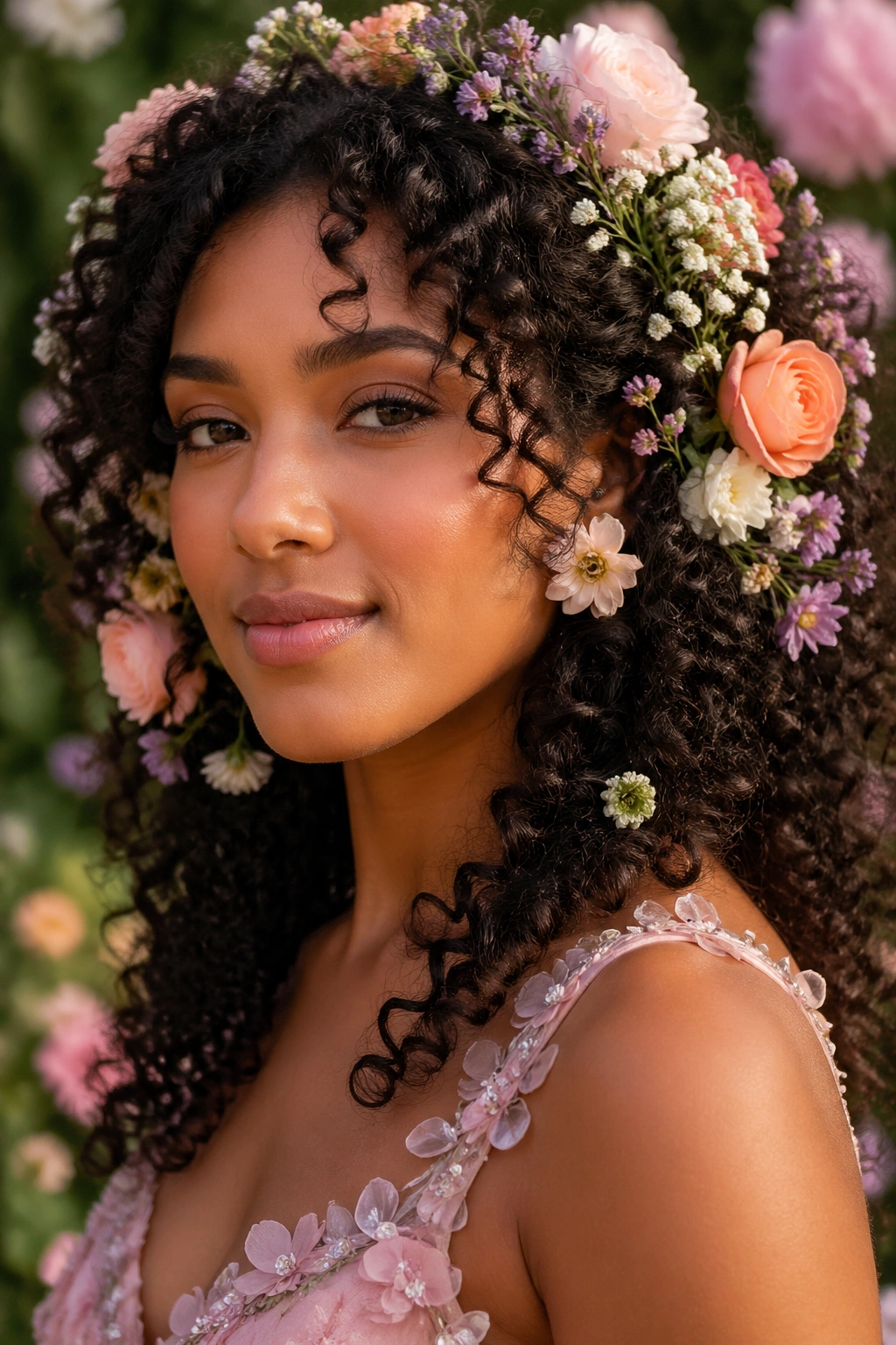 Close-up of defined natural curls with fresh flowers in hair on a real woman
