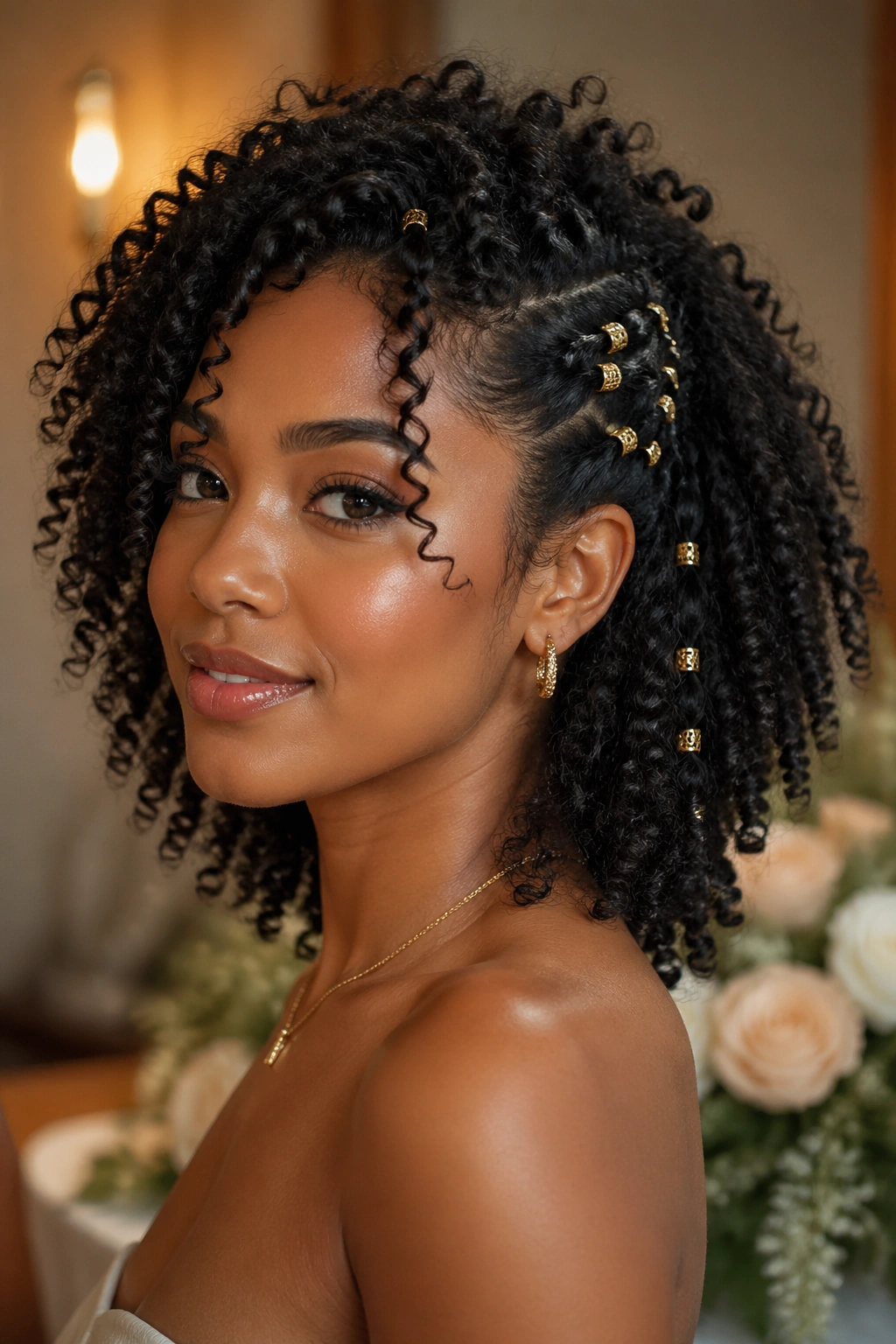Close-up of defined curls with gold hair accessories
