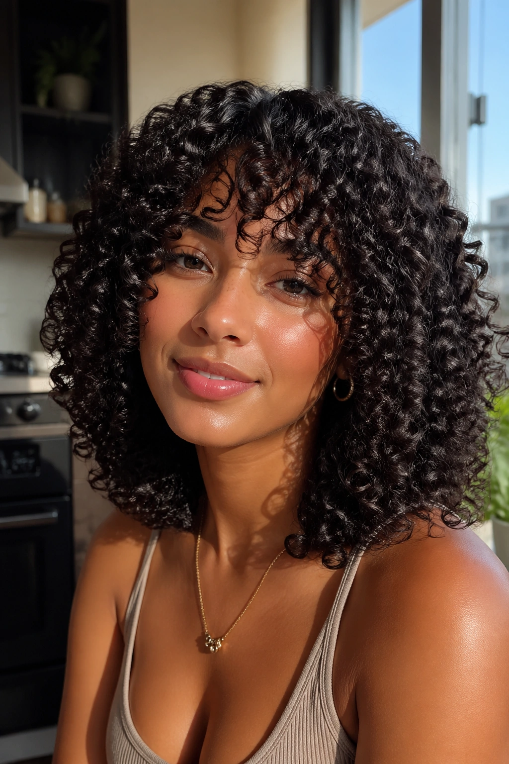 Close-up portrait of a real person with defined medium curls for low shrinkage.