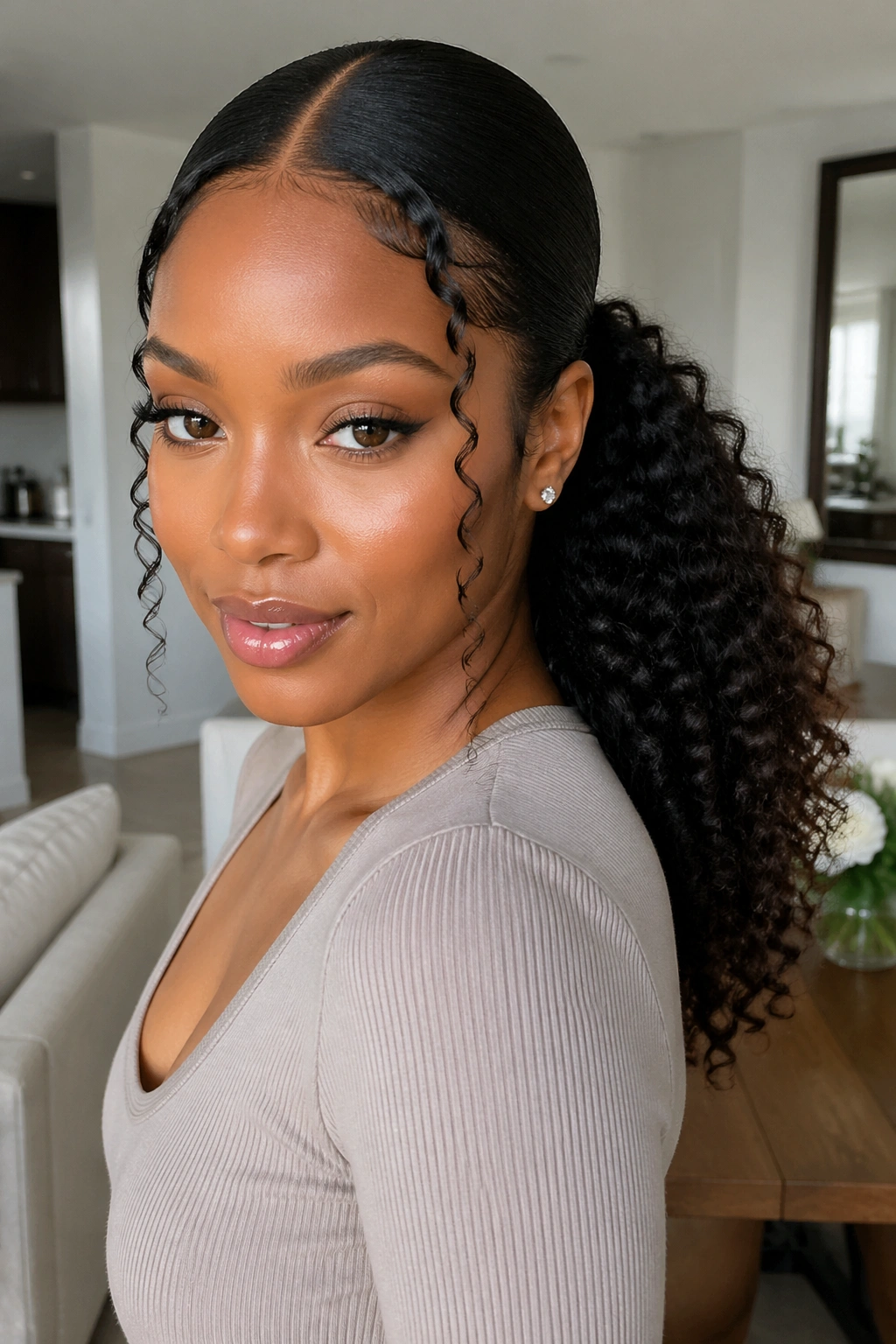 Real woman with defined curls and middle-part ponytail in bright room