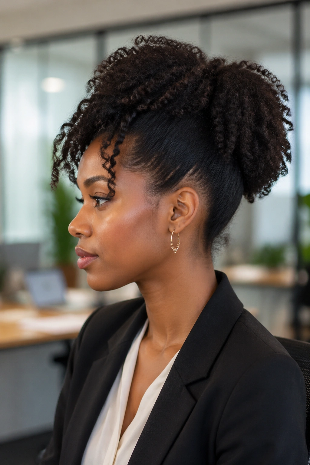 Medium close-up of defined moisturized curls in a professional hairstyle