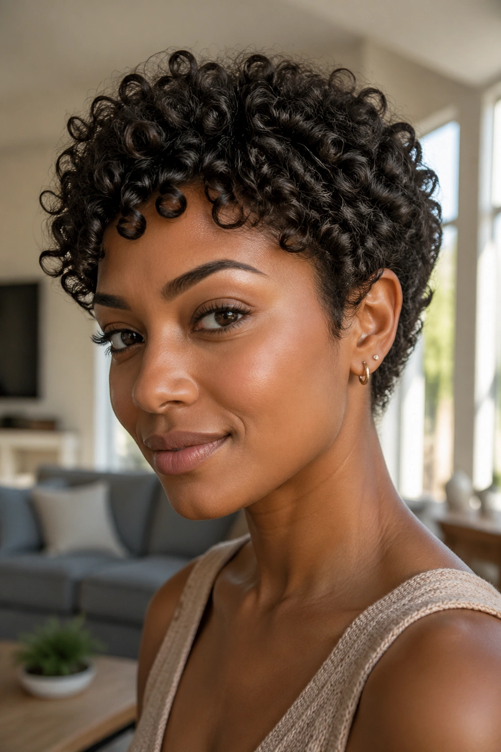 Portrait of a real person with a defined curl short cut and clearly visible curl clusters