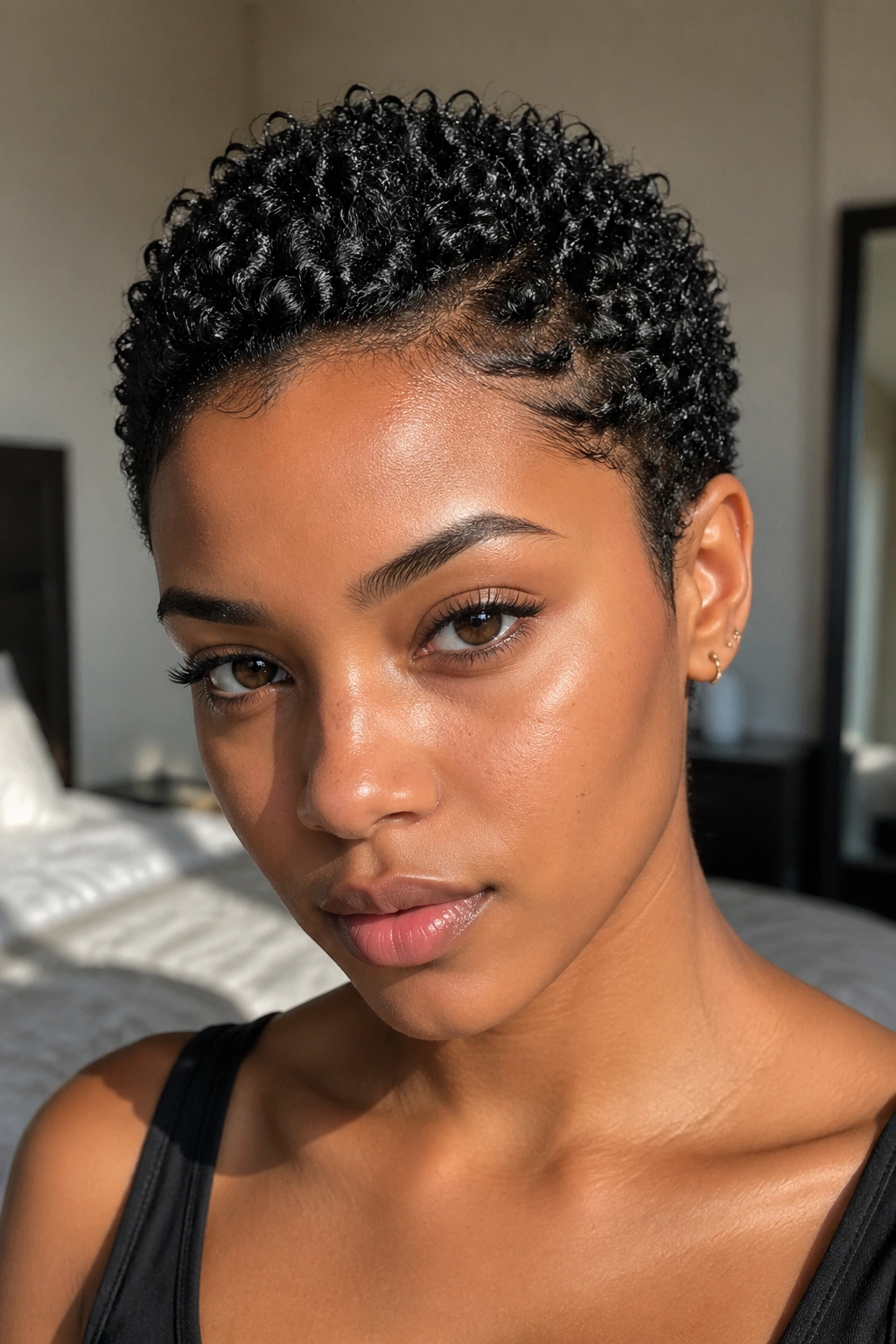 Close-up portrait of a real woman with defined curl TWA curls after wash day