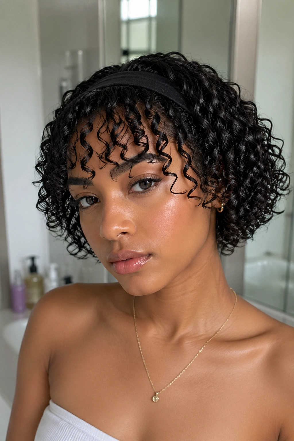 Close-up of a woman with a defined curly bob and a slim headband.