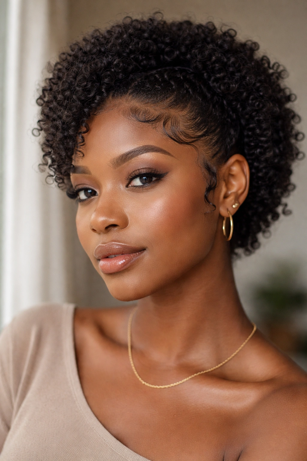 Close-up of a real woman's hairline with defined edges and baby hairs.