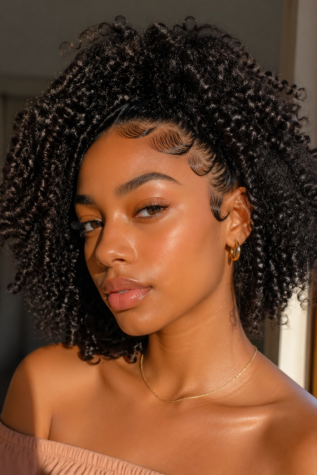 Close-up of a real person with impeccably defined juicy curl edges