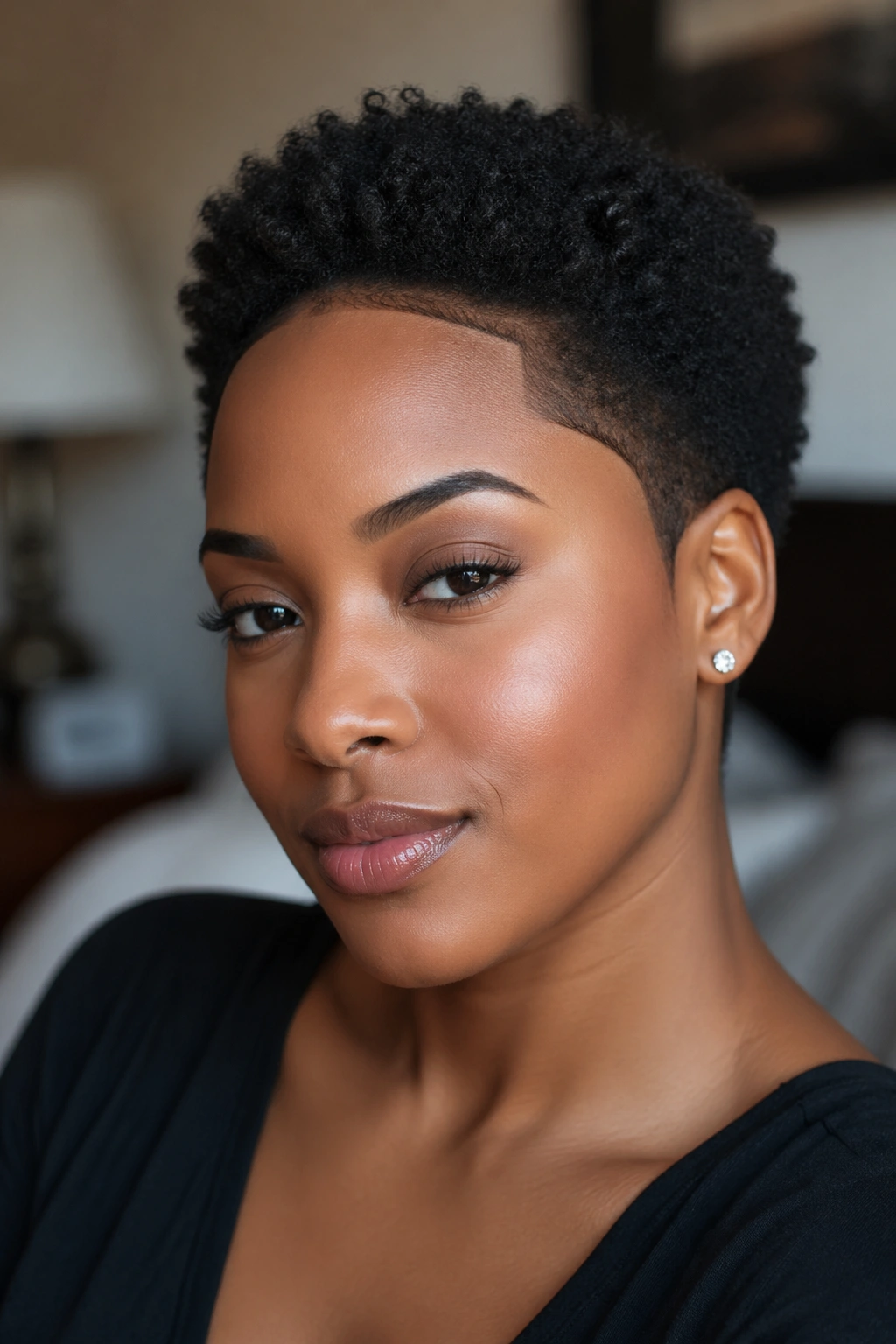 Close-up of a short Afro with sharply defined edges along the hairline.