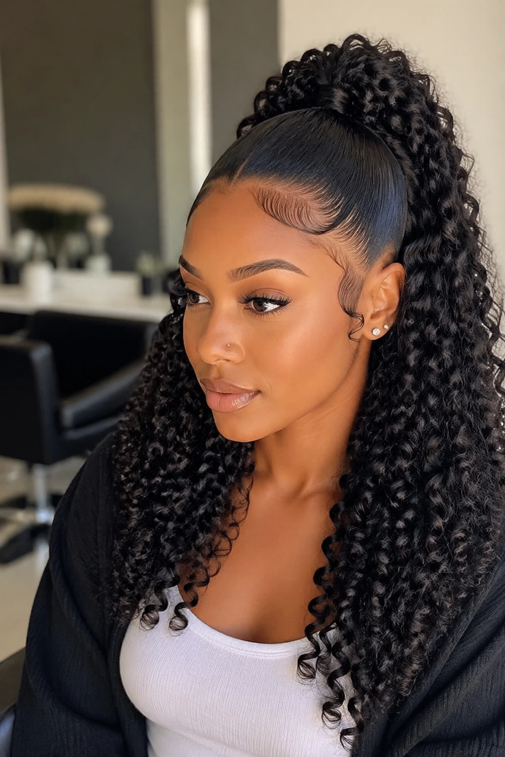 Real woman with defined edges and wand curls in half up.