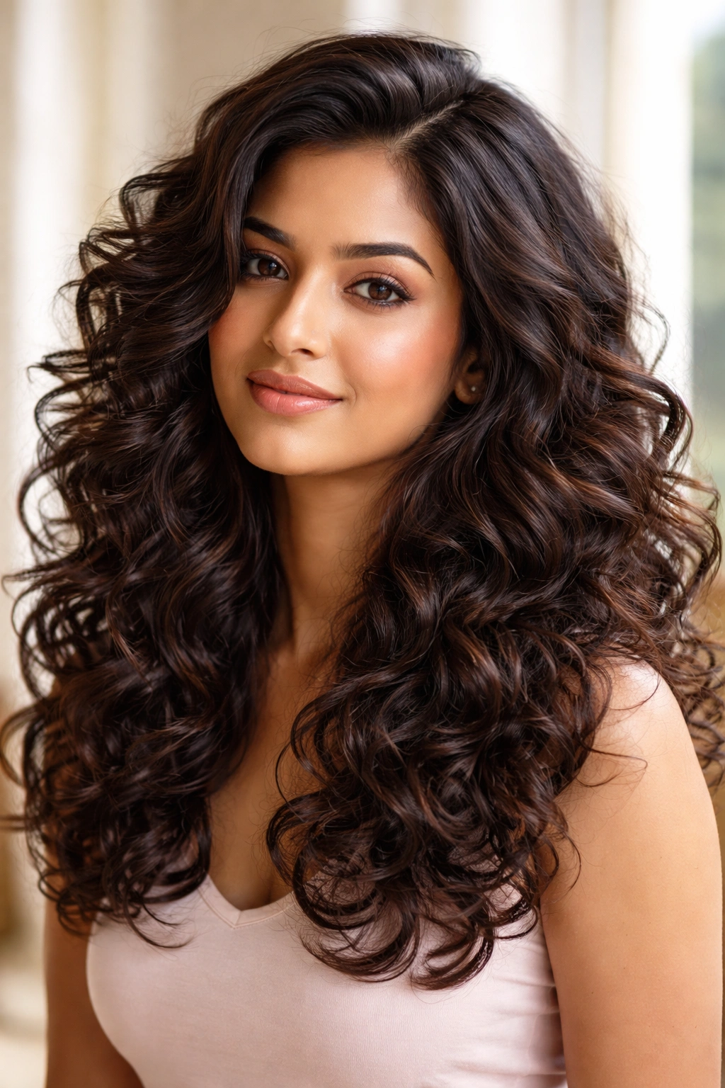 Close-up of defined layered curls on thick Indian hair with shoulder-length length
