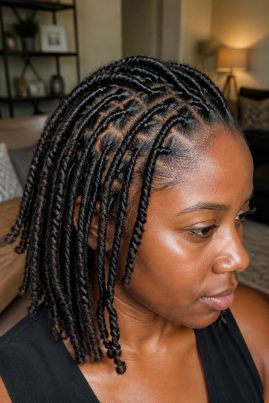 Close-up of real person starter locs formed by comb-defined sections in warm indoor light
