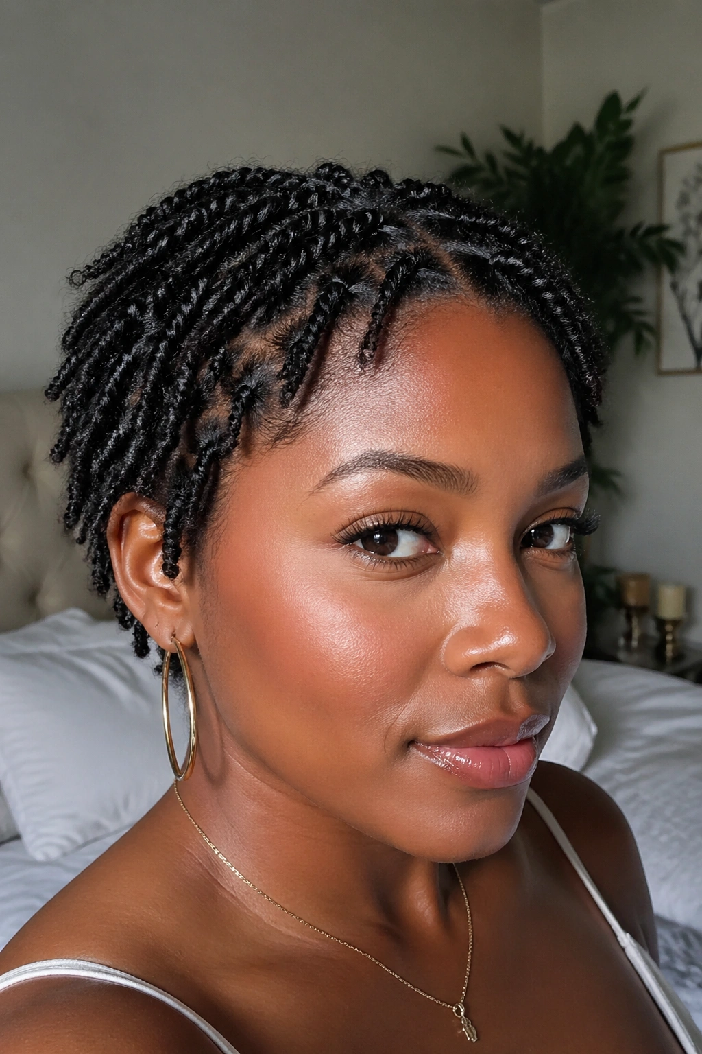 Close-up of a real woman with defined mini twists on very short 4C hair in soft window light