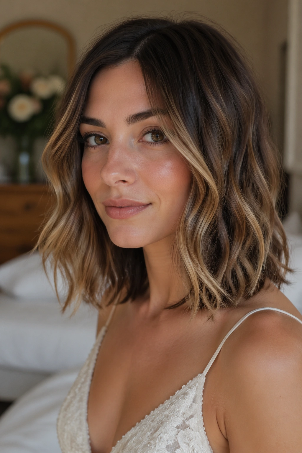 Portrait of a woman with defined natural texture waves on a lob, wedding-ready.